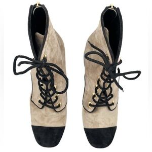 Chanel Interlocking CC Logo Suede CC Lace Up Short Heeled Cap Toe Boots